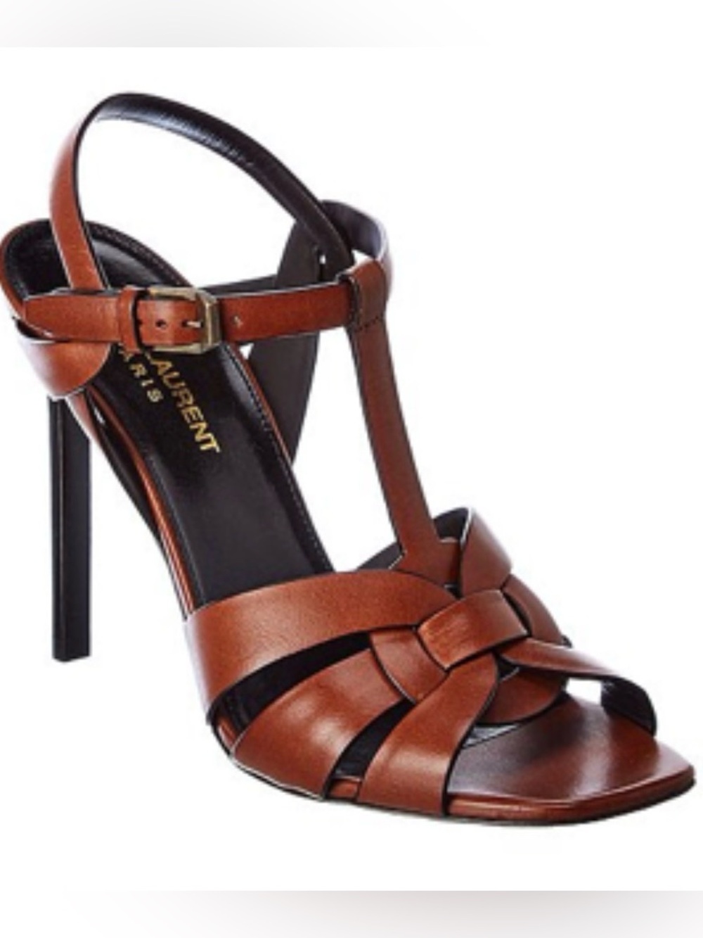 New Saint Laurent Tribute 105 Brown Woven Leather T-Strap Heel Sandal - Picture 1 of 6
